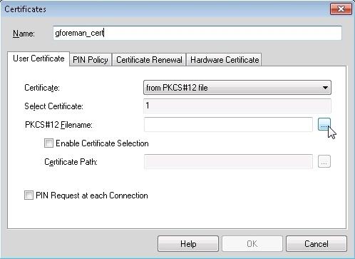 Import the PKCS#12 file. Open the Configuration > Cer tificates menu of Sophos IPsec Client. Click Add. Enter a Name, and as Certificate select from PKCS#12 File.