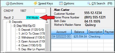 When processing transactions in PM Mode, you will see "PM Mode" at the top of the transaction list, as shown below: When tellers initially log on to CIM GOLDTeller, a Logon Information box is