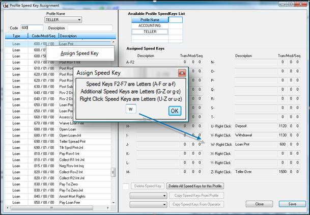 146 Profile Speed Key Assignments CIM GOLDTeller Functions menu > Administrator Options > Profile Speed Keys Assignments Quickly and easily assign speed keys to a CIM GOLD profile.