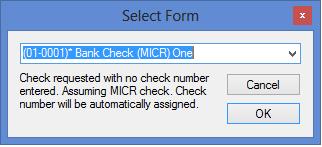Important Note: Do not enter the Check Out Number. If a check number is entered, the system assumes that a pre-printed check is being requested, and the MICR check printing will be bypassed.
