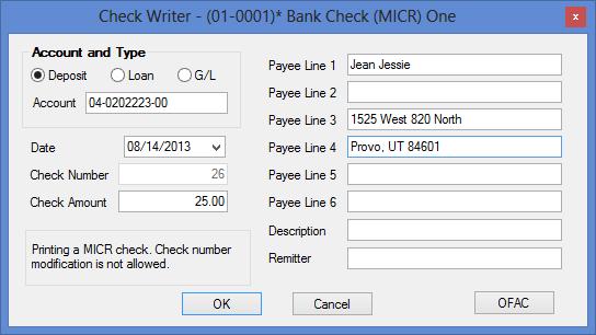 170 3. 4. Select the check format you want to use from the drop-down list, then click <OK>. Remember: Check formats are set up on the MICR Check Form Design.