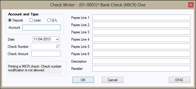 The Check Writer dialog will display. 4. Fill in the appropriate information for the check type. This information will be transferred to the actual check. 5. Click <OK>.