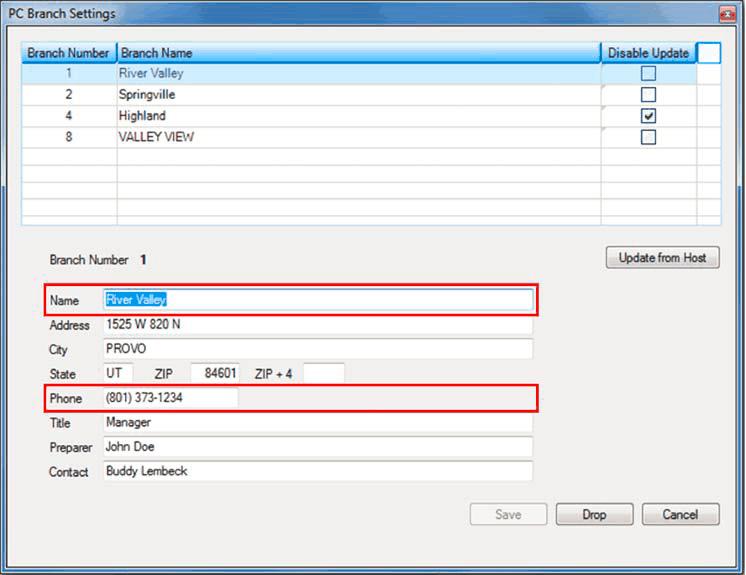 220 Functions The CTR form enters branch information using the PC Branch Settings dialog.
