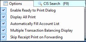 Options 237 Options CIM GOLDTeller Options menu The items on the CIM GOLDTeller Options menu allow you to set up defaults for transactions and printing.
