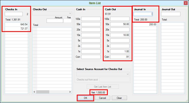 FPS GOLD Teller Capture User's Guide 257 CIM GOLDTeller > Item List (F11) Note: In this example, there are Checks In, Cash Out, and Journal In.