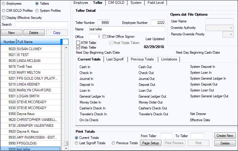 76 Teller Screen The Teller setup screen is found in two locations in CIM GOLD: under Deposits > Definitions and under Security > (on the Teller tab).
