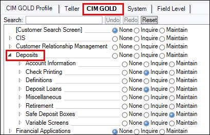 94 Deposit System - Application 4 Security setup for the Deposit System is now located on the CIM GOLD tab. See the following example.
