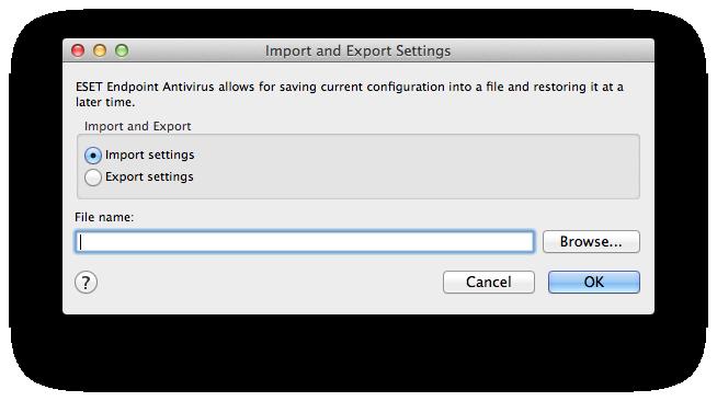 12. Miscellaneous 12.1 Import and export settings To import an existing configuration or export your ESET Endpoint Antivirus configuration, click Setup > Import and export settings.
