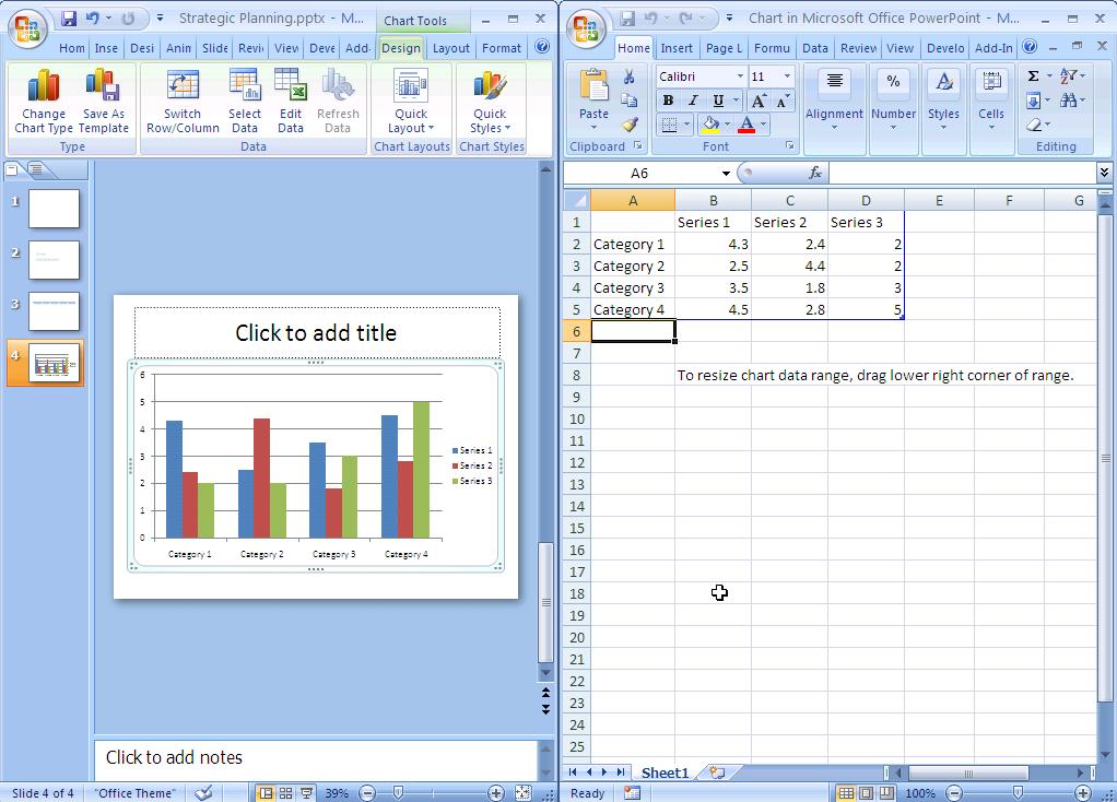3. Select the desired chart layout and click OK. Your computer opens Excel displaying a data sheet. The default data is reflected in the PowerPoint slide. 5. Edit the data in the Excel screen.