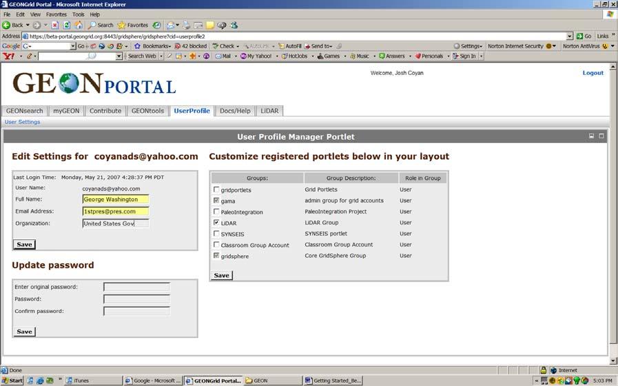 (Optional) Customize your portal Step 11 From the GEON portal shown below, click the UserProfile tab.