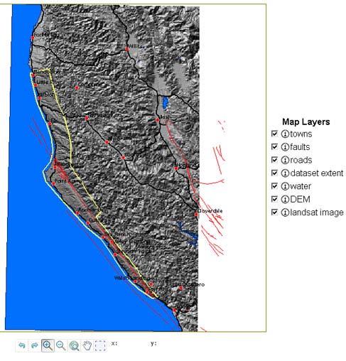 Click here to add/ remove towns. The stippled pattern on the map is the area that contains data. Click here to add/ remove faults. Click here to add/ remove roads.