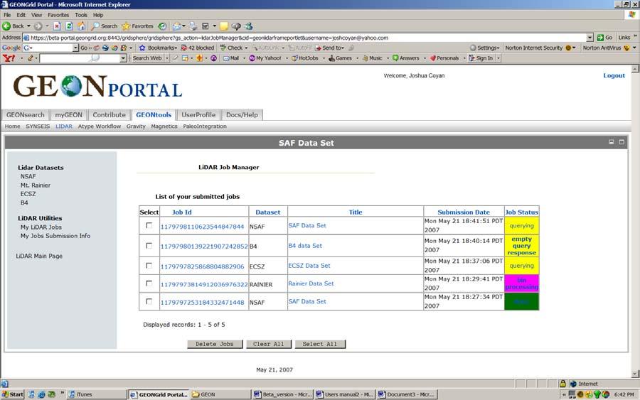 When you click on My LiDAR Jobs you will see a screen like the one shown below. This screen lists your submitted jobs by Id number, Dataset, Title, and Submission Date.