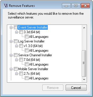 2. In the Remove Features window, select the feature(s) you want to remove. 3. Click OK and Yes. Remove installation files for non-required features from the management server.