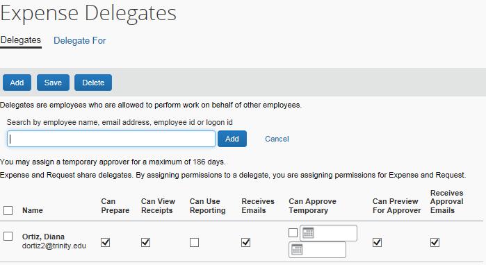 Assigning Delegates Request and Expense Delegates are shared in the system, meaning that regardless of whether you assign the delegate from the Expense Delegates or Request Delegates page, the