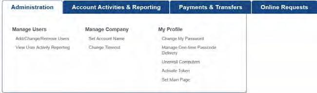 Navigation Online Business Banking features a main navigation menu at the top of the screen.