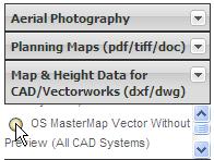 - 17 - Expand required product Category e.g. Map & Height Data for CAD/Vectorworks & OS MasterMap Vector Without Preview (All CAD Systems). OS Streetview Mapping is then displayed in the map window.