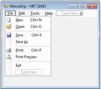 Visual Studio will fill the MenuStrip with standard menus such
