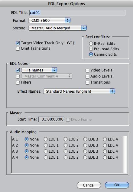 Final Cut Pro To export an EDL from your sequence in Final Cut Pro, please choose the Menu Item File -> Export -> EDL.