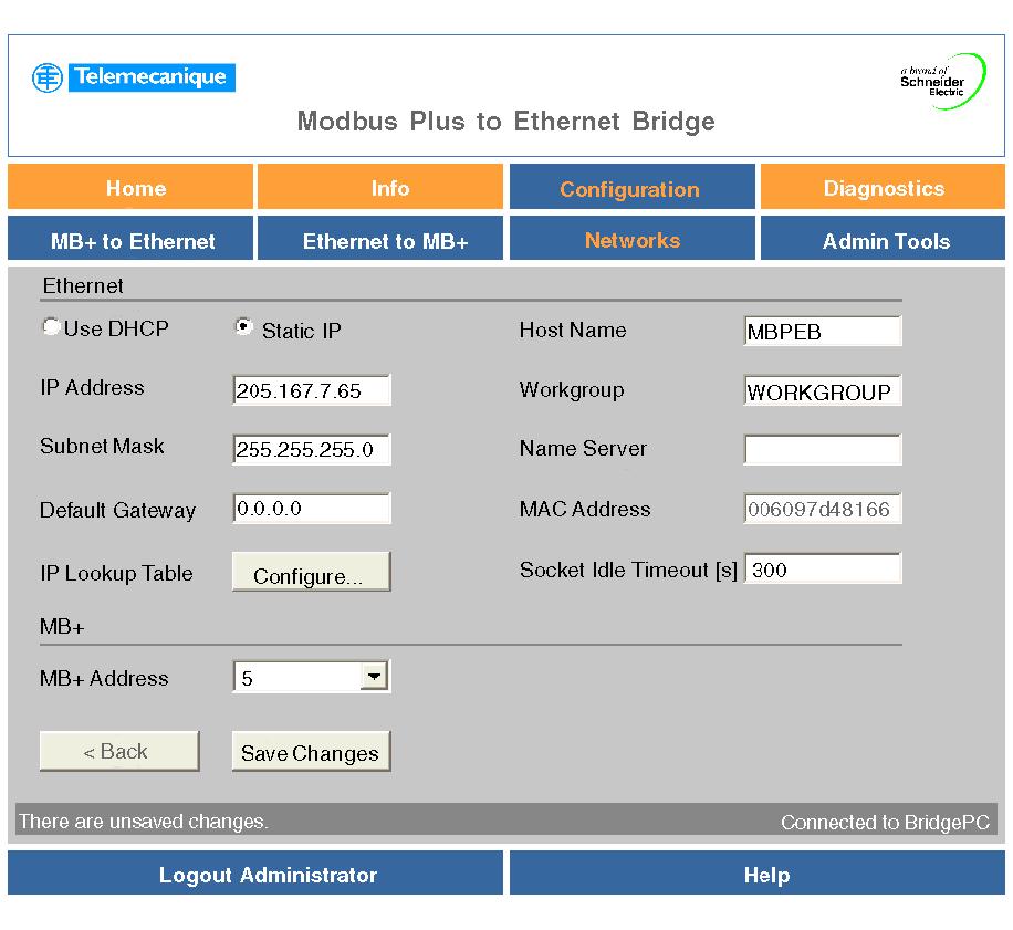 Getting Started Networks Tab Network Settings Click Networks to view and modify the network settings for the bridge.