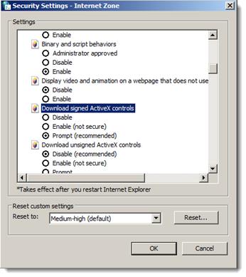 4. Confirm that Download signed ActiveX controls is set to Prompt.