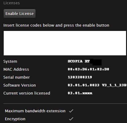 Figure 25: Enabling the license from the web interface Important: The Web page shows the serial number (10-digit string) and user code. The user code corresponds to the system MAC address.
