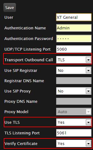 Procedure 1. Access the XT Server web interface, as described in Accessing XT Server Web Interface on page 34. 2. Select Administrator Settings > Protocols > SIP. 3. Select Yes from the Use TLS list to accept incoming calls using TLS.