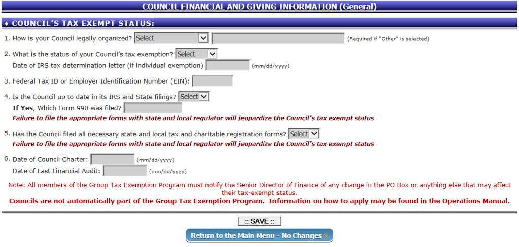 Council Financial and Giving Information (General) Dropdown menus have been added for added