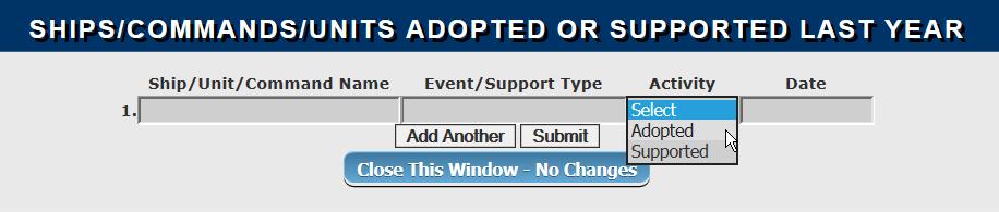 To Add Ships/Commands/Units Adopted or Supported, enter the Ship/Unit/Command Name, Support Type and Select whether Adopted or Supported with the date of the events.