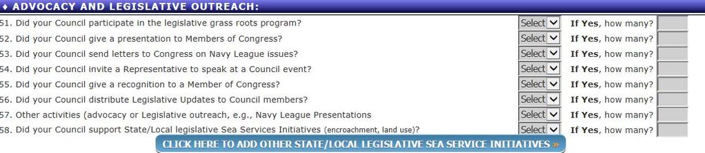 Advocacy and Legislative Outreach Utilize the dropdown menus, and Click Here to Add Other State/Local Legislative Sea Service Initiatives activities.