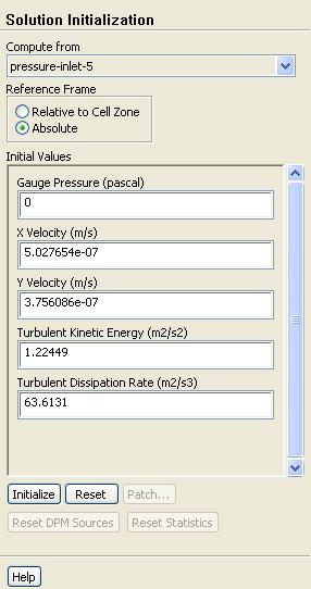 3. Initialize the solution using the boundary conditions set at pressure-inlet-5. Solution Initialization (a) Select pressure-inlet-5 from the Compute from drop-down list.