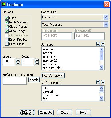 Step 8: Postprocessing 1. Display filled contours of total pressure (Figure 10.4). Graphics and Animations Contours Set Up... (a) Enable Filled in the Options group box. (b) Select Pressure.