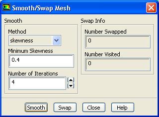 2. Smooth and swap the mesh. Mesh Smooth/Swap... The smooth and swap function is available only in serial ANSYS FLUENT.