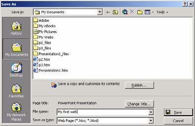 To save an entire presentation in Web format From the File drop down menu, click on the Save as Web Page command.