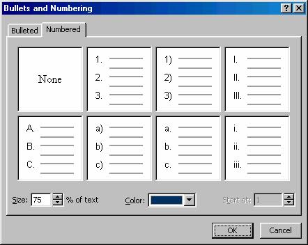 PAGE 40 - ECDL MODULE 6 (USING OFFICE 2000) - MANUAL Select Bullets and Numbering from the Format menu to display the Bullets and Numbering dialog box. Make sure the Bulleted tab is selected.