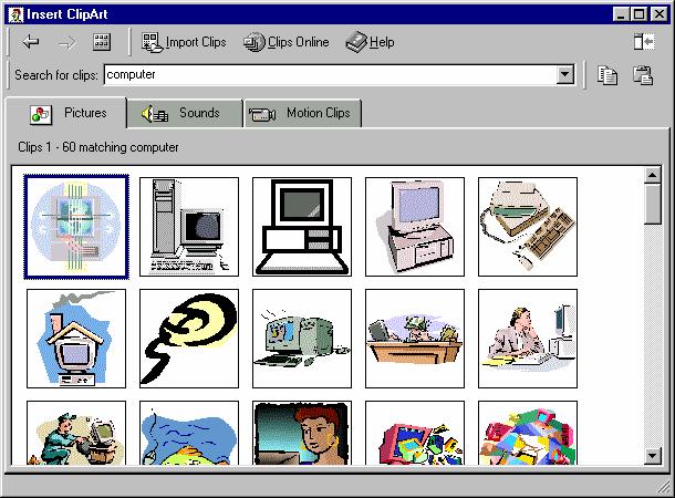 PAGE 43 - ECDL MODULE 6 (USING OFFICE 2000) - MANUAL To search for clipart pictures In the Search for clips section of the clipart dialog box, enter a word and press Enter.