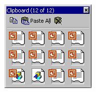To view the Clipboard toolbar (in Office 2000 onwards) If the Clipboard toolbar is not displayed, then you can display it by clicking on the View drop down menu, selecting Toolbars, and then