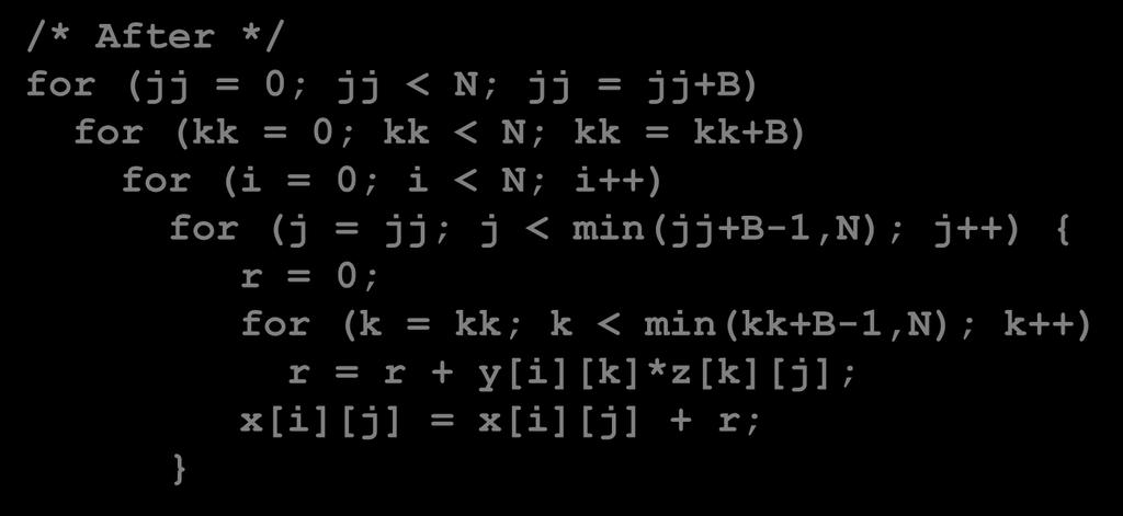 Reduce misses 3: Compiler optimizations /* After */ for (jj = 0; jj < N; jj = jj+b) for (kk = 0; kk < N; kk = kk+b) for (i = 0; i < N;