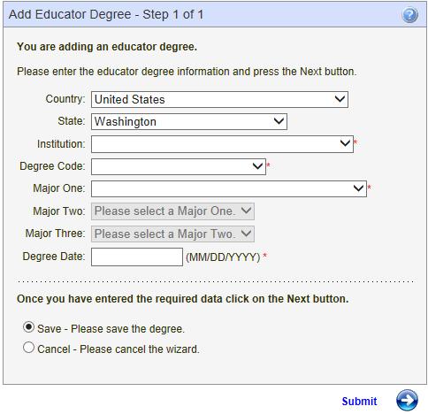 Add Degree The Administer can add a degree by clicking on the link, Click Here to Add a Degree. This action will launch the Add Degree wizard.