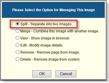 Manage Image The Manage Image feature of the system allows the Administrator to Split, Merge, View, Edit, Remove and Delete images.
