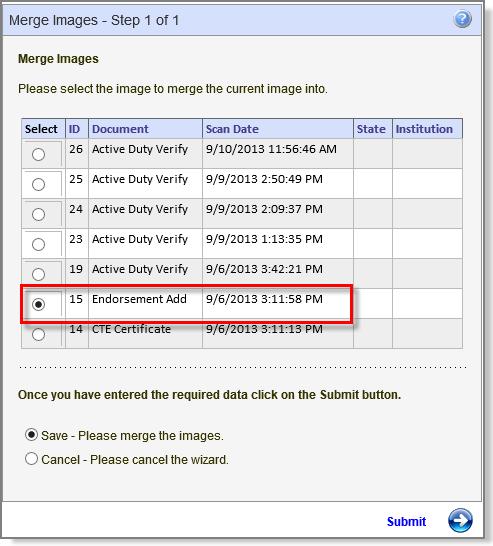 Merge Image Users can merge two images together by selecting the Merge option on the Manage Image screen.