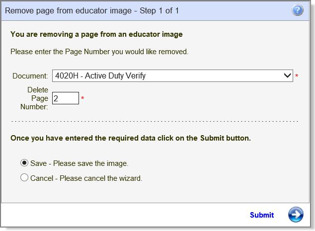 When the user selects the Remove option, the system launches the Remove Page from Educator Image wizard.