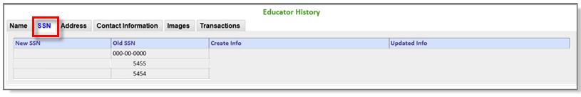 The tabs available for the user to view may vary. For example, shown below is a change made to the educator s middle initial.