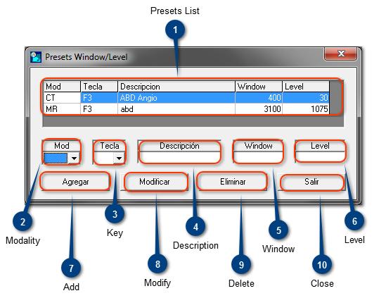 Customized Presets Window/Level Presets List Display a list with the Custom W/L presets Modality Each Customized preset must be set by modality Select