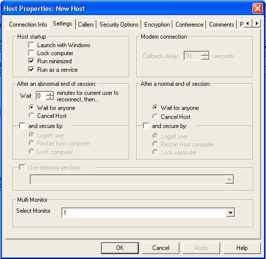 Allowing others to control your computer Ways to set up a host computer 61 3 In the Host Properties window, on the Settings tab, under After a normal end of session, select one of the following: Wait