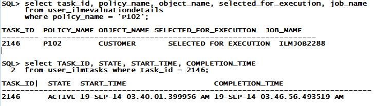 It shows policy P102 has been assigned executed task id 2146. It shows the task execution start time and completion time.