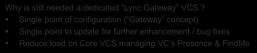 323 Microsoft SIP Lync Client Media H264 AVC Media H264 UC SVC Lync Server Why Media is still passes needed through a dedicated B2BUA Lync engine Gateway VCS?