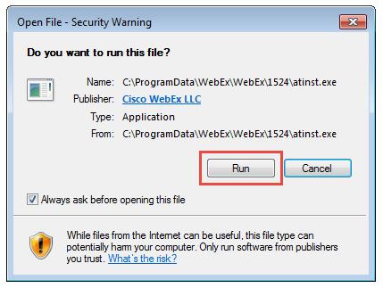 Depending on your computer s settings, you may be blocked from running the necessary software. If this happens, click Cancel, and go back to your browser s window waiting to open WebEx.