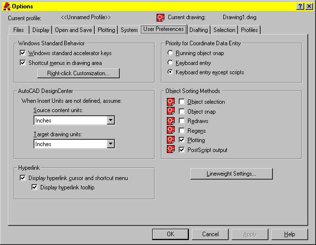 Setting User Preferences By using the User Preferences tab in the Options dialog box, you can set up your drawing environment according to the way you work best.