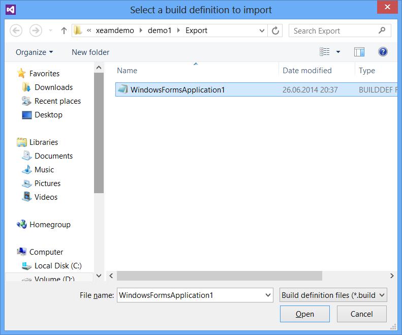 Import from file Connect to the TFS and navigate to the team project where you want to import a build definition. Select one build definition (it doesn t matter which one).