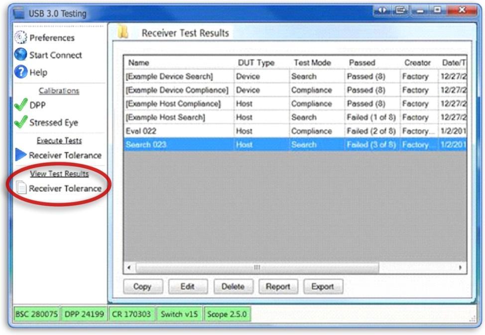 6 Storing and Documentation of Test Results Select Receiver Test on the navigation panel to see the list of Receiver Test results.
